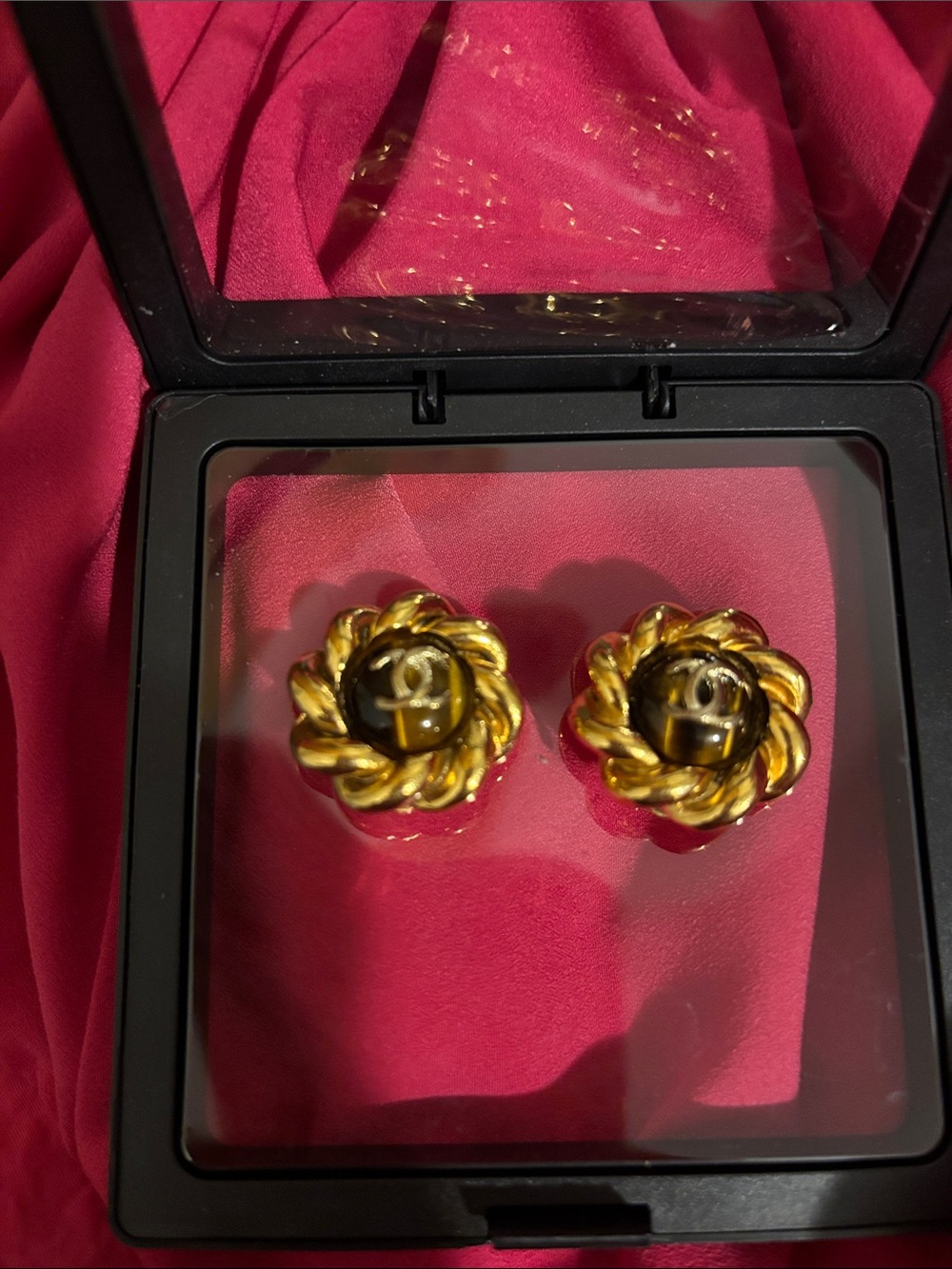 CHANEL Gold and Black Camellia Clip-On Earrings